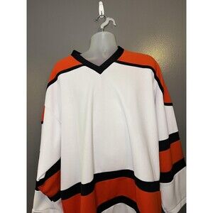 K1 Sportswear Hockey Jersey Mens Large White Orange Black Striped Long Sleeve